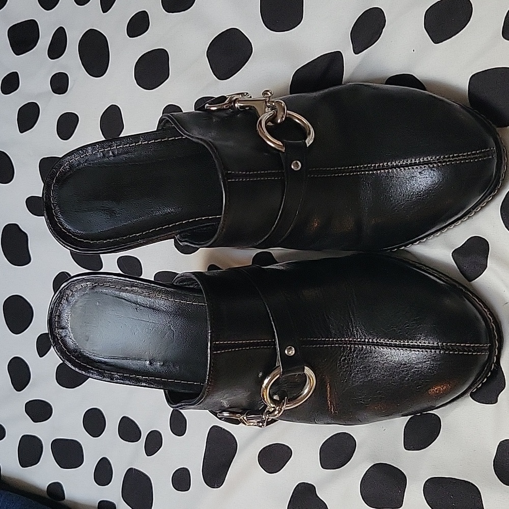 EUC Black Leather COACH Mules with Horsebit Trim